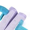 Close-up of two lavender and light blue padded fabric straps with visible stitching on Truelove Waterproof Outdoor Pet Shoes - Reflective Strap TLS3963, featuring blue hook-and-loop fasteners, water droplets, and water-resistant material.
