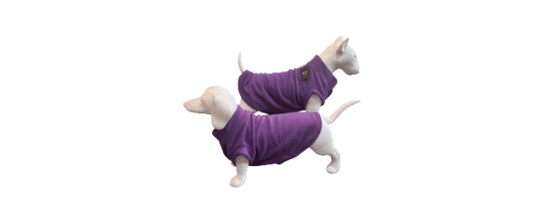 Two white dog mannequins wear matching Fleece Dog Sweater | Warm Winter Vest for Dogs & Cats in purple, one facing left and one right, both posed against a plain white background.