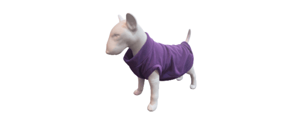 A small white dog mannequin wears the Fleece Dog Sweater | Warm Winter Vest for Dogs & Cats in purple, standing with its tail up against a plain white background.