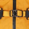 Close-up of the Waterproof Dog Raincoat - Reflective & Breathable Pet Jacket, showing its yellow strap with black buckle and metal ring, securely fastened on orange fabric with a vertical black stripe.