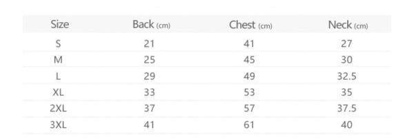 The Waterproof Dog Raincoat has a size chart for S-3XL, showing back (21-41 cm), chest (41-61 cm), and neck (27-40 cm) measurements in centimeters for each size.