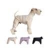 A dog in a beige Waterproof Windproof Dog Jacket - Thickened Warm & Adjustable Winter Coat stands sideways. Below are smaller images of the same jacket in beige, lavender, and black on a white background.