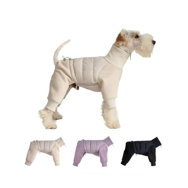 A dog in a beige Waterproof Windproof Dog Jacket - Thickened Warm & Adjustable Winter Coat stands sideways. Below are smaller images of the same jacket in beige, lavender, and black on a white background.