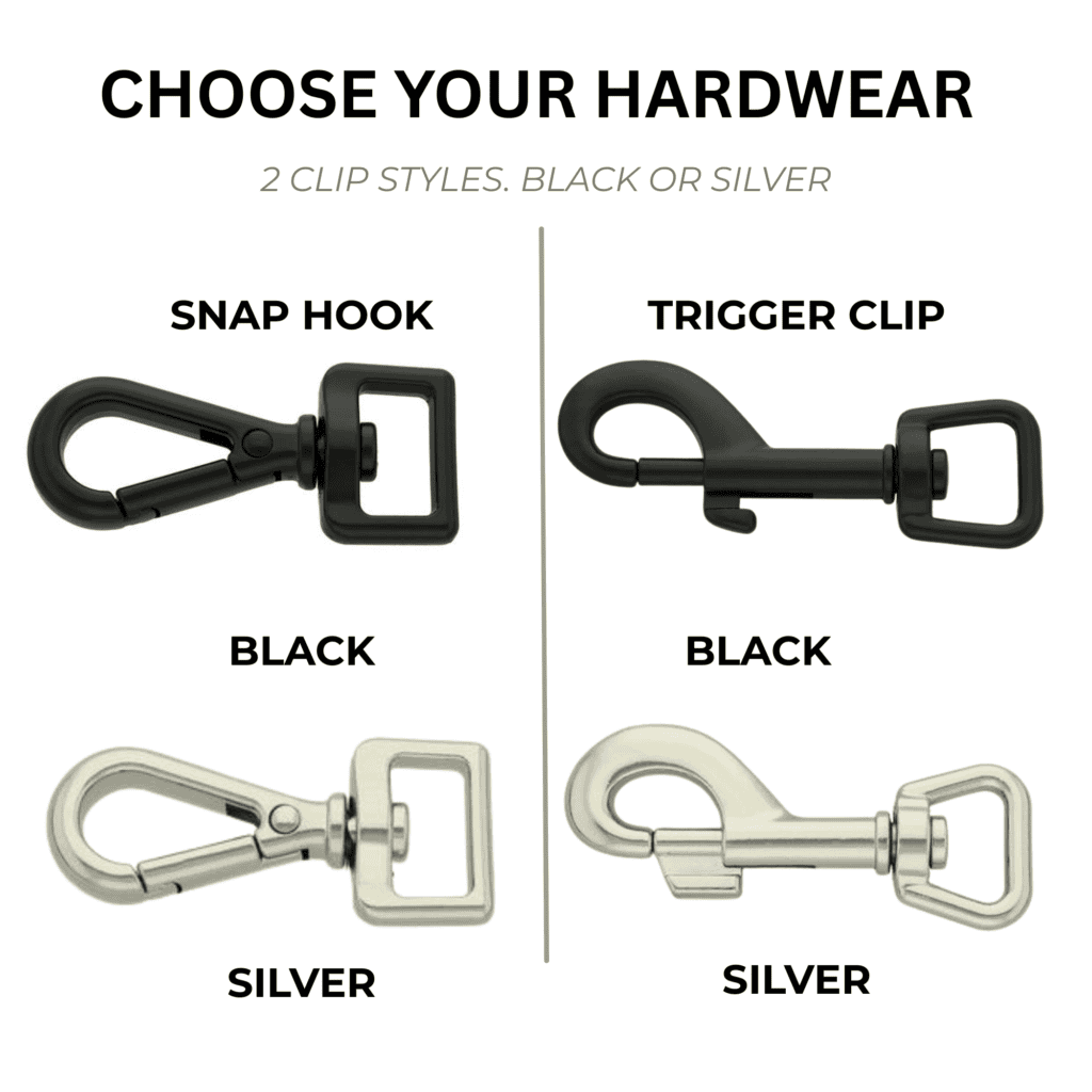 Four metal clips are shown: a black snap hook, a black trigger clip, a silver snap hook, and a silver trigger clip, each labelled by style and colour under the heading “Choose Your Hardware.” Select the perfect hardware to customise your WAVE Hands-Free Lead PRO.