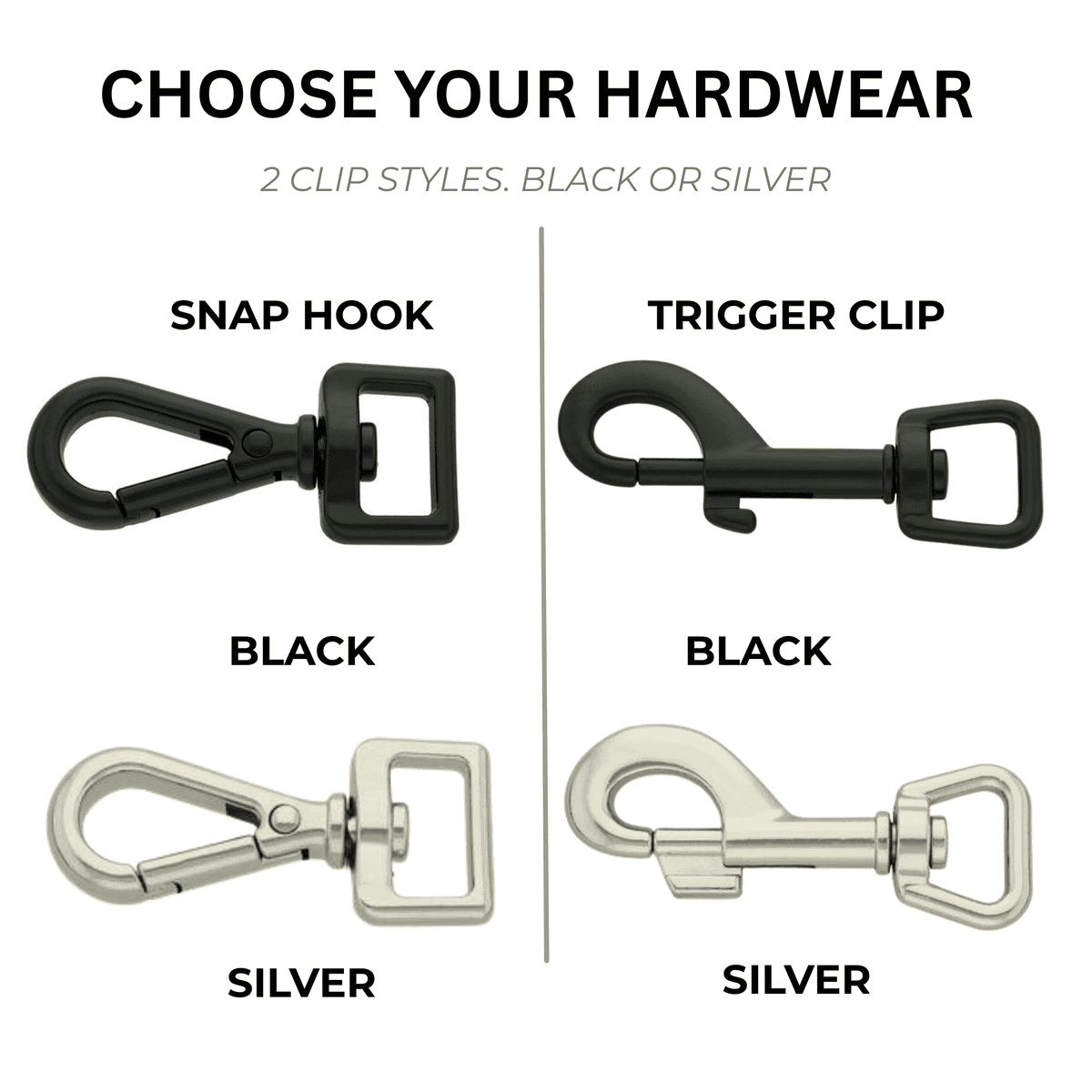 Four metal clips are shown: a black snap hook, a black trigger clip, a silver snap hook, and a silver trigger clip, each labelled by style and colour under the heading “Choose Your Hardware.” Select the perfect hardware to customise your WAVE Hands-Free Lead PRO.