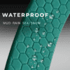 Close-up of a teal, hexagon-textured surface with water droplets and the words "WATERPROOF" and "MUD · RAIN · SEA · SNOW" overlaid, showcasing the material’s moisture resistance—perfect for Premium Waterproof Dog Gear UK.