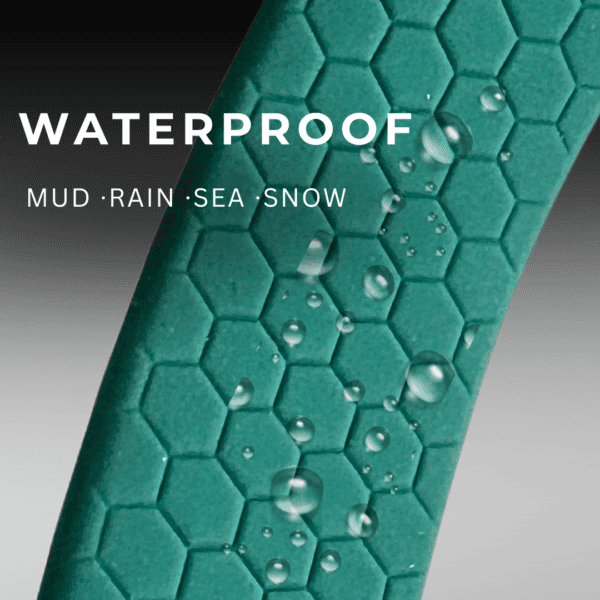 Close-up of a teal, hexagon-textured surface with water droplets and the words "WATERPROOF" and "MUD · RAIN · SEA · SNOW" overlaid, showcasing the material’s moisture resistance—perfect for Premium Waterproof Dog Gear UK.