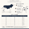 Size chart for The Tailored Jacket, a lightweight waterproof dog jacket, featuring illustrations on how to measure a dog’s chest, back, and neck, along with a table of measurements for proper fit.