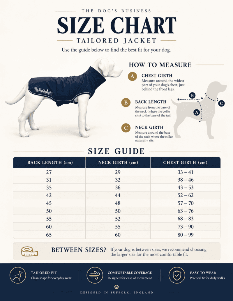 Size chart for The Tailored Jacket, a lightweight waterproof dog jacket, featuring illustrations on how to measure a dog’s chest, back, and neck, along with a table of measurements for proper fit.
