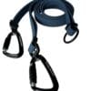 A coiled blue dog lead with two black metal carabiner clips and a black metal ring, displayed on a white background.
