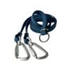 A WAVE Hands-Free Lead PRO, blue, with two metal carabiner clips and a large metal ring, is coiled neatly on a white background.