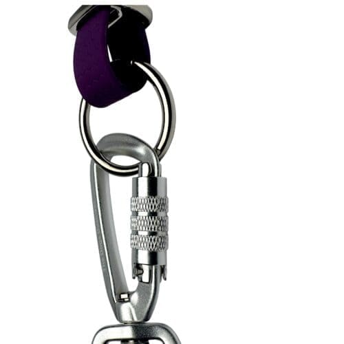 A close-up of a silver carabiner attached to a metal keyring with a textured purple strap from the WAVE Hands-Free Lead PRO, part of an adjustable multifunctional dog lead, looped through the ring and set against a white background.