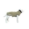 A mannequin dog wearing a light brown, fitted dog coat with black trim and "The Dogs Business" logo on the side, displayed on a plain white background.