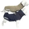 Two white dog mannequins wear TDB light Jackets—one tan, one dark blue—each labelled "The Dogs Business." Both coats have high collars, waterproof fleece lining, and white piping along the edges.