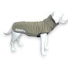 A white dog mannequin wearing a light brown, waterproof dog coat with black trim and the text "The Dogs Business" printed on the side. The background is plain white.