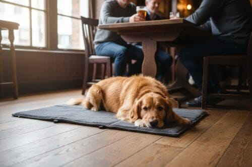 A golden retriever lounges on The Dog’s Business Heritage Travel Mat on a wooden pub floor, as three people sit by the window, enjoying drinks and conversation.