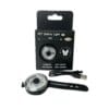 The Dogs Business Safety Light, along with a USB charging cable and black strap, is shown in front of its black packaging featuring text, symbols, and dog and cat illustrations.
