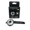 The Dogs Business Safety Light—a round, black and clear PET light with adjustable strap—is shown by its packaging featuring IC memory, multicolour options, lightweight build, USB charging, 100m range, and IPX7 waterproof rating.