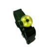 The Dogs Business Safety Light is a black adjustable strap featuring a round, glowing yellow LED, ideal for pet safety or outdoor activities.