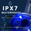 A close-up of The Dogs Business Safety Light in blue with water splashes. Text: "IPX7 Waterproof. Built for British weather—rain, mud, puddles, wet grass." A tag reading "The Dogs Business" is partly shown.