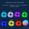 The Dogs Business Safety Light displays eight circular LED lights in blue, white, purple, green, teal, yellow, red, and orange with text above: “7 bright LED colours, 7 steady modes + multi colour flash mode.”.