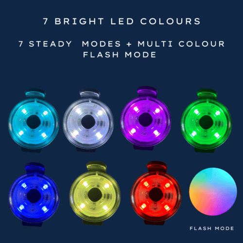 The Dogs Business Safety Light displays eight circular LED lights in blue, white, purple, green, teal, yellow, red, and orange with text above: “7 bright LED colours, 7 steady modes + multi colour flash mode.”.