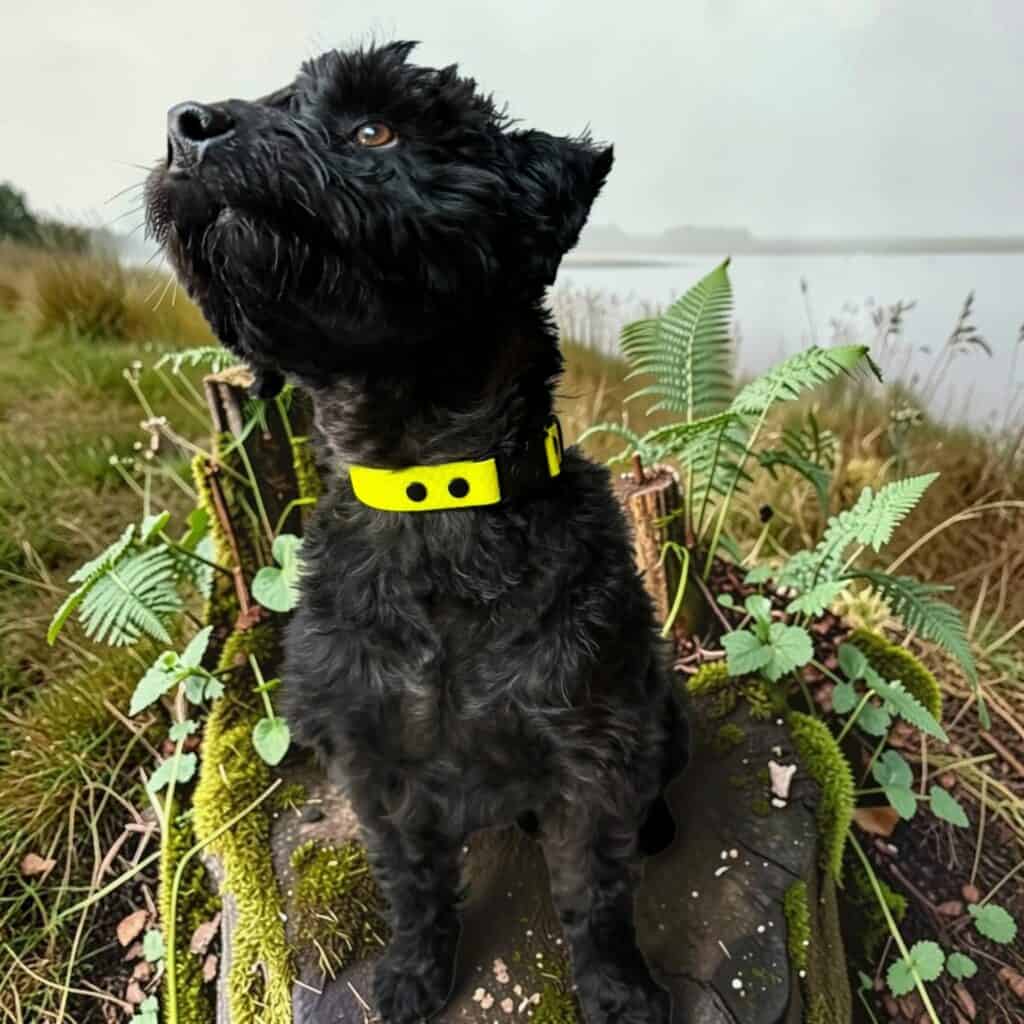 A small black dog with curly fur and a bright yellow collar sits on a mossy tree stump near a lake, surrounded by green plants and tall grass.
