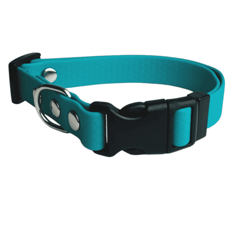 The Wave Marine Dog Collar, featuring a turquoise adjustable design, is fitted with a black plastic buckle, metal D-ring, and metal rivets, and is displayed against a white background.
