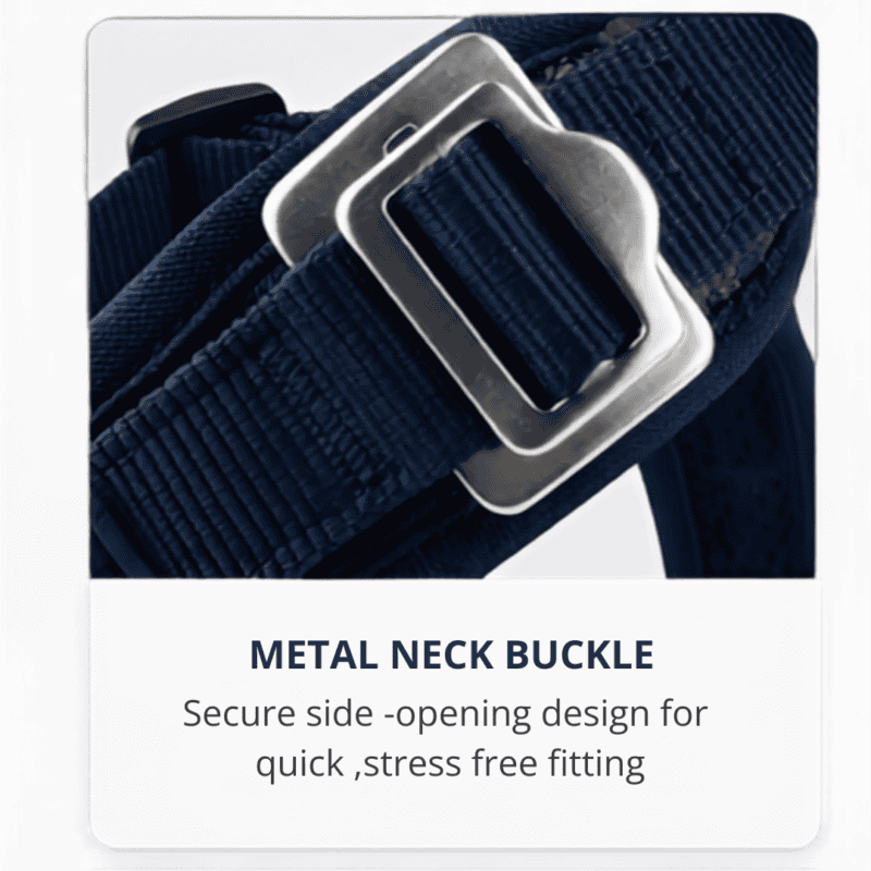 Close-up of a black strap with a shiny metal buckle. Text below reads: “METAL NECK BUCKLE. Secure side-opening design for quick, stress-free fitting.”.