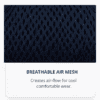 Close-up of dark, breathable mesh fabric with diamond-shaped holes. Caption below reads: “BREATHABLE AIR MESH. Creates air-flow for cool, comfortable wear.”.