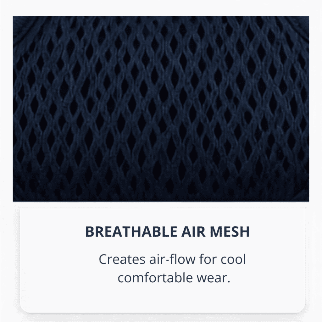 Close-up of dark, breathable mesh fabric with diamond-shaped holes. Caption below reads: “BREATHABLE AIR MESH. Creates air-flow for cool, comfortable wear.”.