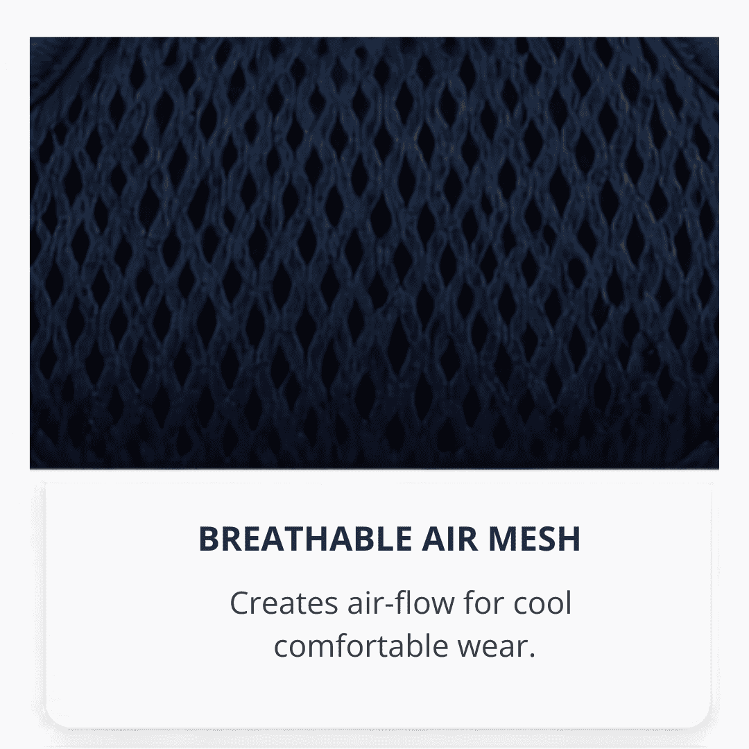 Close-up of dark, breathable mesh fabric with diamond-shaped holes. Caption below reads: “BREATHABLE AIR MESH. Creates air-flow for cool, comfortable wear.”.