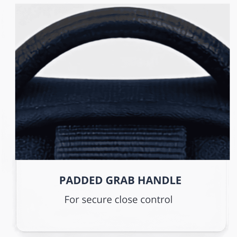 Close-up of a black padded grab handle on a bag, with text below reading “PADDED GRAB HANDLE. For secure close control.”.