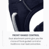 Close-up of a black pet harness with a white cord, showing dual attachment points. Text below reads: “Front Range Control. Dual attachment points give you front-guided or rear lead connection options.”.