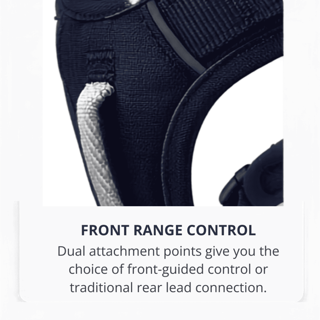 Close-up of a black pet harness with a white cord, showing dual attachment points. Text below reads: “Front Range Control. Dual attachment points give you front-guided or rear lead connection options.”.