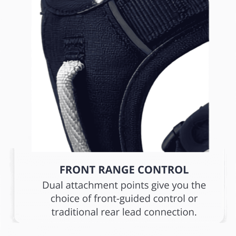 Close-up of a black pet harness with a white cord, showing dual attachment points. Text below reads: “Front Range Control. Dual attachment points give you front-guided or rear lead connection options.”.