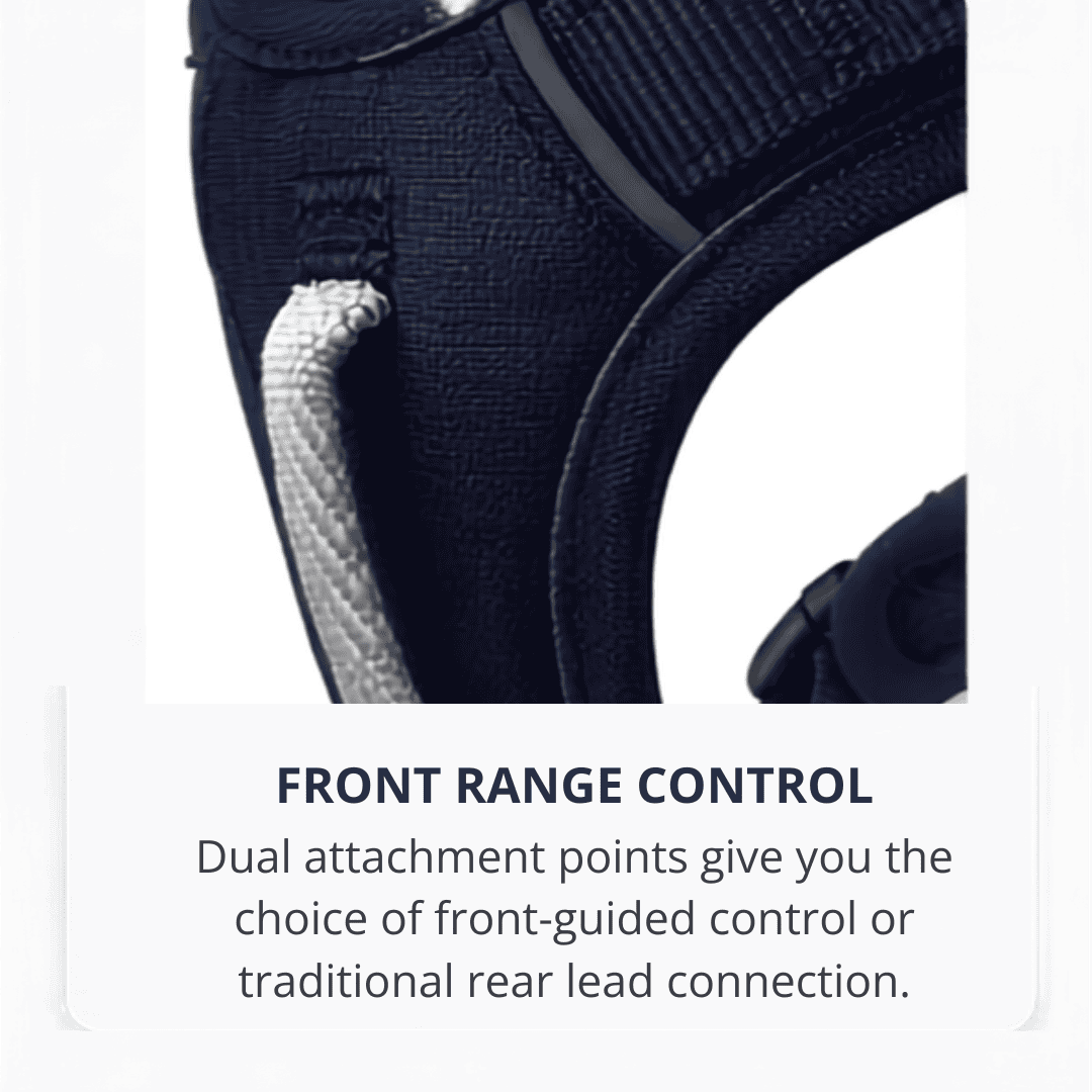 Close-up of a black pet harness with a white cord, showing dual attachment points. Text below reads: “Front Range Control. Dual attachment points give you front-guided or rear lead connection options.”.