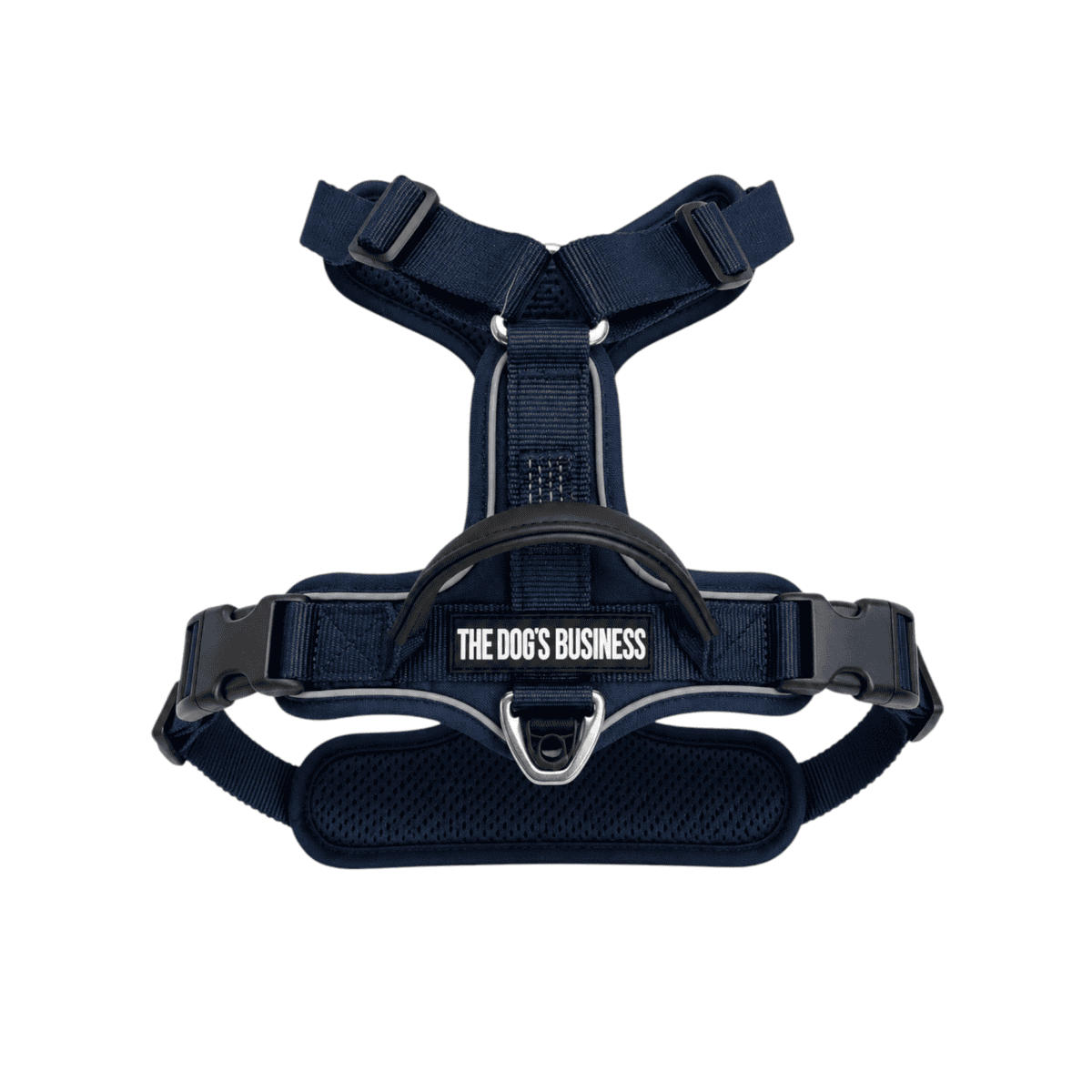OBRIY Anatomical Harness in navy blue features adjustable straps, a padded handle, buckle fastenings, a front metal ring, and a patch reading “THE DOG’S BUSINESS.” The harness is shown against a white background.