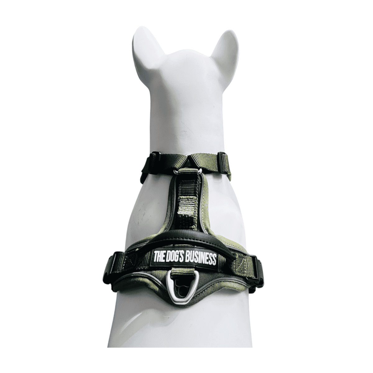 A white dog wearing a green harness with a label that reads “THE DOG’S BUSINESS” in bold white letters, viewed from behind on a plain white background.