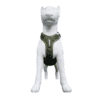 A white dog mannequin wearing an olive green harness, pictured against a plain white background.