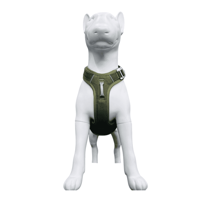 A white dog mannequin wearing an olive green harness, pictured against a plain white background.