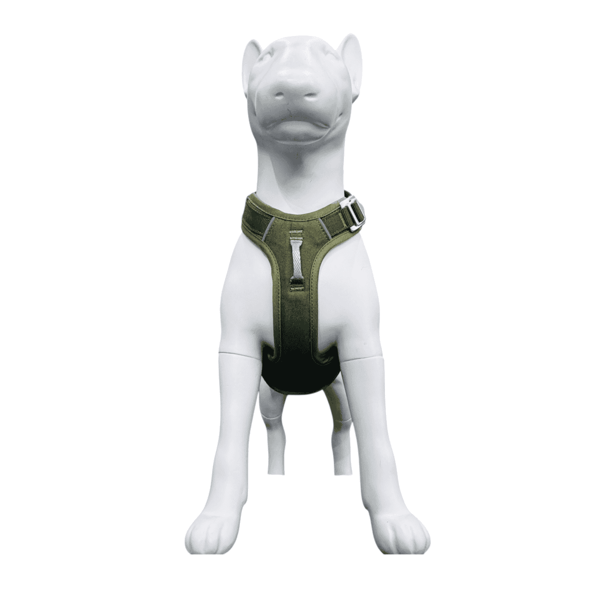 A white dog mannequin wearing an olive green harness, pictured against a plain white background.