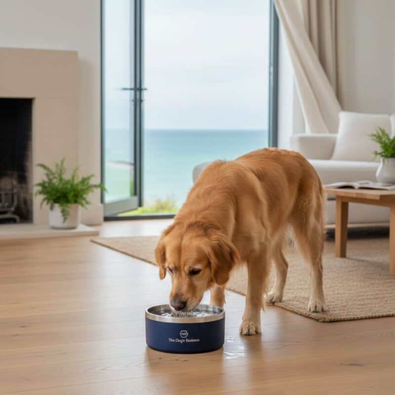 A golden retriever drinks from the ANCHOR - Double Wall Stainless Steel Dog Bowl in a bright lounge with wooden floors, a rug, and large windows offering a sea view.