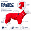 A mannequin dog wears The Dog’s Business 4 Paws Waterproof Suit—a vibrant red, full-body outfit with four-leg coverage, labelled features, and text highlighting benefits such as mud and rain protection, cleaner walks, and adventure readiness.