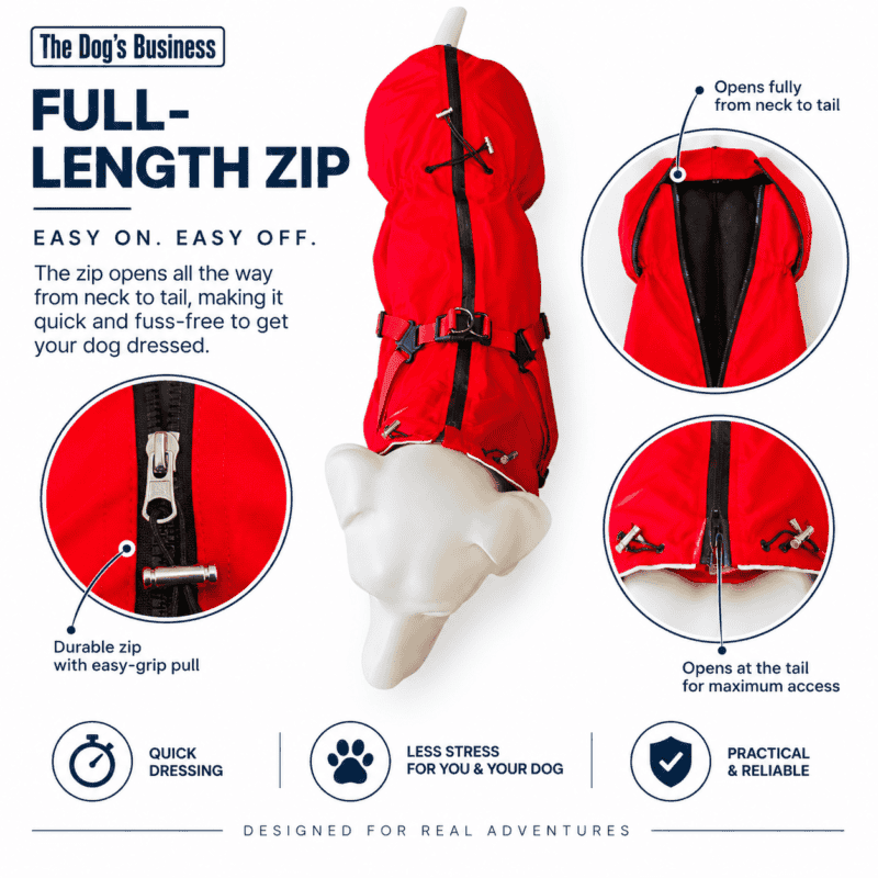 A white dog mannequin models The Dog’s Business 4 Paws Waterproof Suit in red, featuring a full-length durable zip shown both zipped and unzipped. Text highlights the easy on/off design, tail opening, and practical features that make dressing dogs simple.