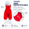 A dog mannequin models The Dog’s Business 4 Paws Waterproof Suit in red, featuring a high neck for extra protection. Text highlights the suit’s full coverage against rain and wind—a perfect choice for adventurous outings. Circular text boxes detail its features and benefits.