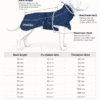 Size guide diagram for the Coastal Winter Jacket showing how to measure back length, neck, and chest, including a reference table of corresponding measurements in centimetres.