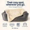 A cream-coloured Velour Snuggle Blanket draped over a grey bolster pet bed, with icons showing use in crates and cars, and the text, “Their cosy spot, wherever you go.”