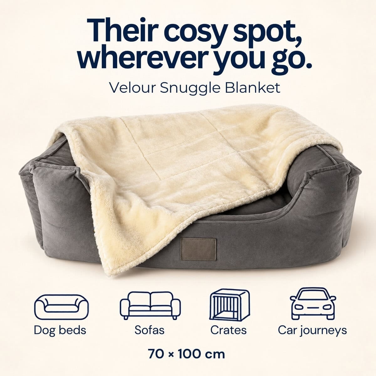A cream-coloured Velour Snuggle Blanket draped over a grey bolster pet bed, with icons showing use in crates and cars, and the text, “Their cosy spot, wherever you go.”