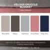 Colour chart for the Velour Snuggle Blanket showing five swatches labelled Silver Mink, Walnut, Opal Grey, Dusty Rose, and Deep Navy.
